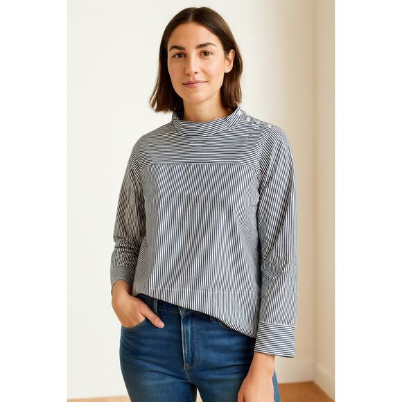 J. Crew Tops - J.Crew Navy White Striped Funnelneck Pullover Top Cotton Poplin Size 14